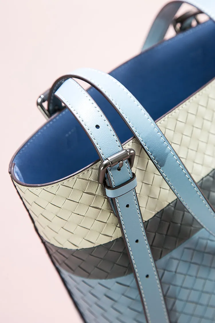 Artisan Sheepskin Bucket Shoulder Bag, Handcrafted Colour-block Weave Bag, Woven Leather Bag | Elegant Wedding Gift