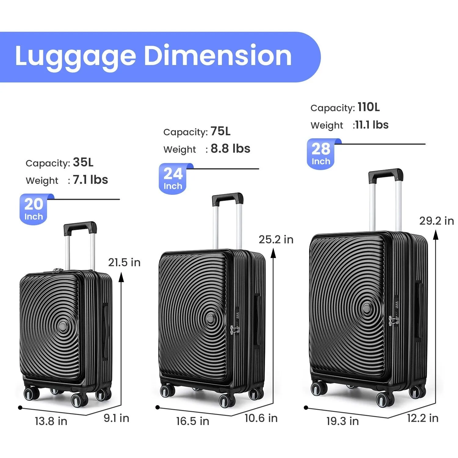 Luggage Sets 3 Piece(20/24/28), Expandable Carry On Luggage with TSA Lock, Front Pocket and Spinner Wheels