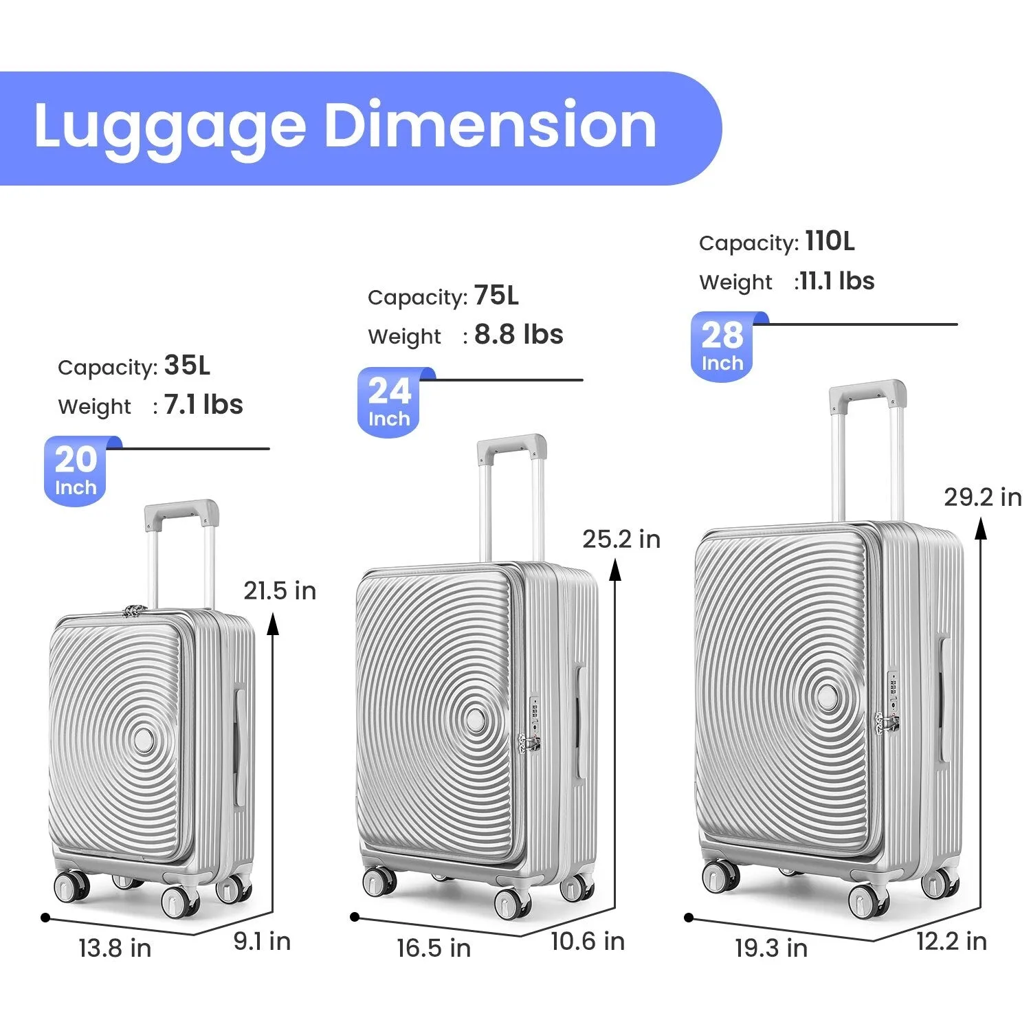 Luggage Sets 3 Piece(20/24/28), Expandable Carry On Luggage with TSA Lock, Front Pocket and Spinner Wheels