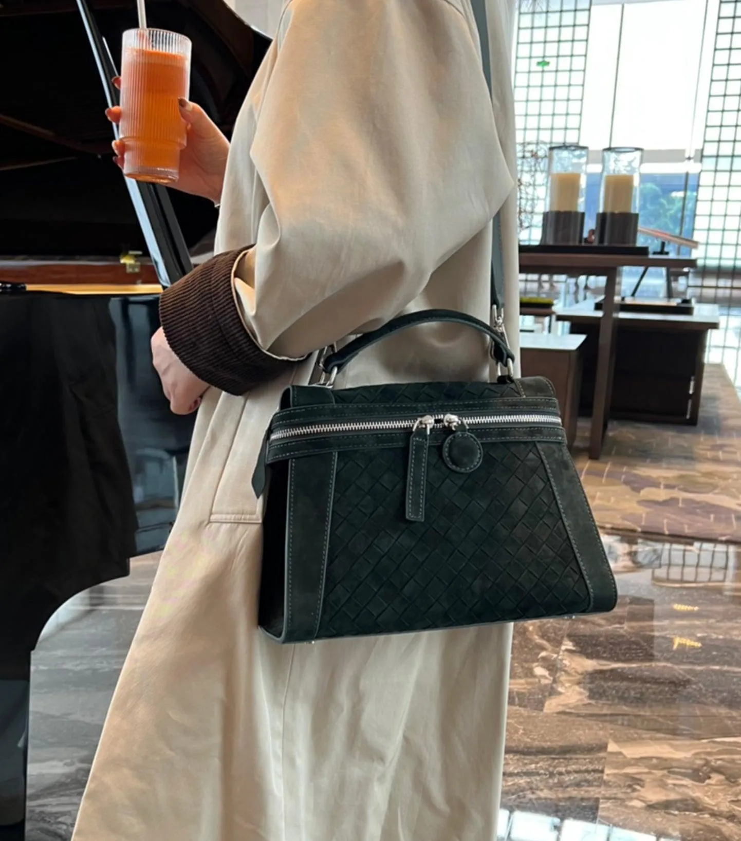 Morandi Blue Sheepskin Suede Leather Box Bag, Lambskin Leather Handbag, Luxury Designer Bag, Italian Leather Box Bag, Classic Handbag, Minimalist Leather Purse