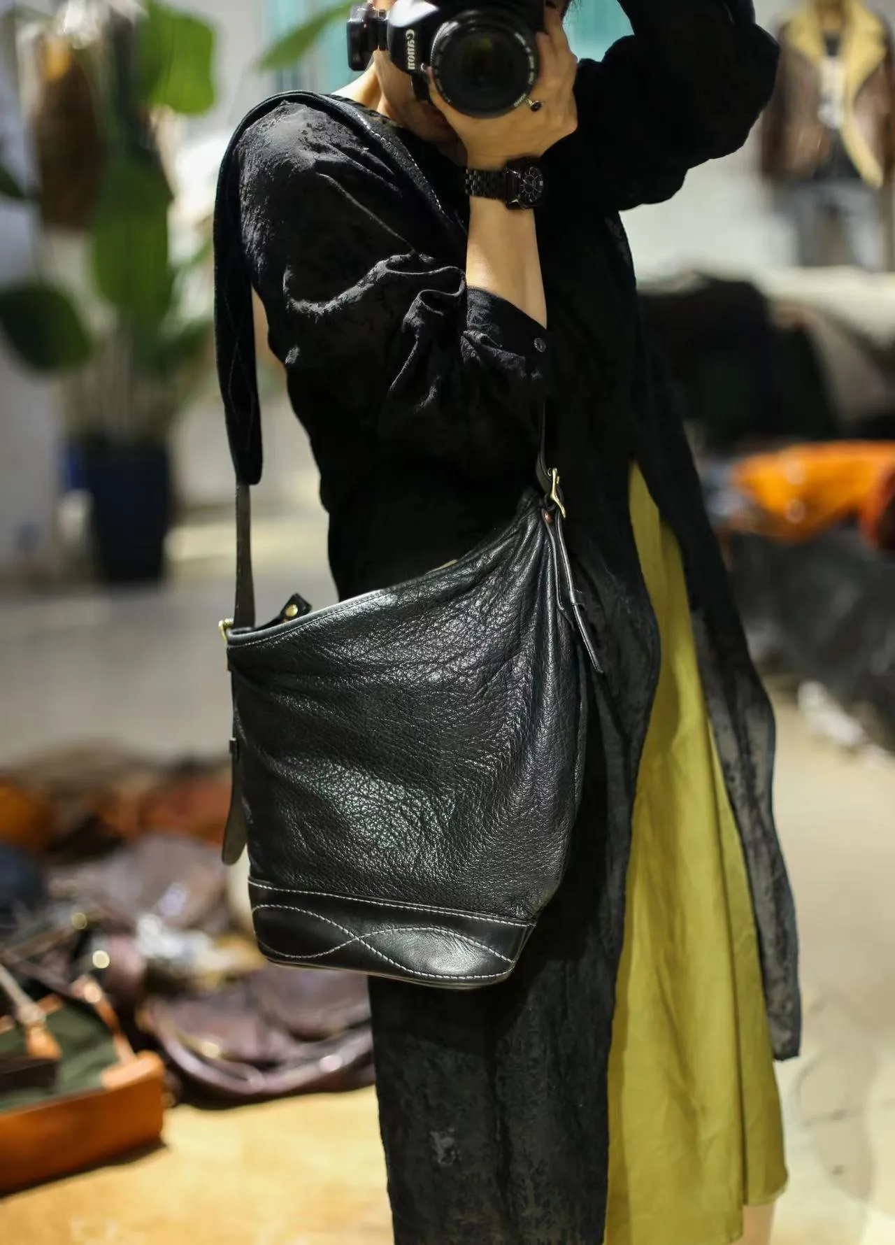 Soft and Delicate Feel Classic Plaid Crossbody Bucket Bag | Handcrafted Full Grain Leather Bag