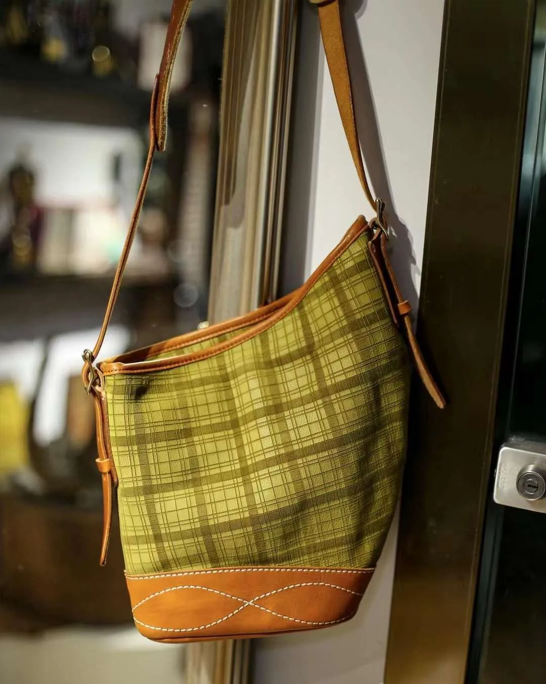 Soft and Delicate Feel Classic Plaid Crossbody Bucket Bag | Handcrafted Full Grain Leather Bag
