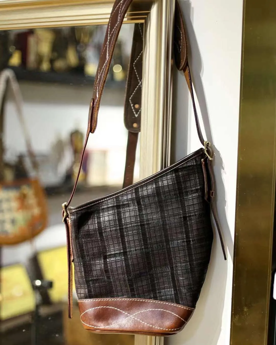 Soft and Delicate Feel Classic Plaid Crossbody Bucket Bag | Handcrafted Full Grain Leather Bag