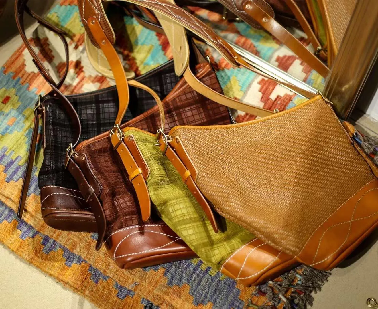 Soft and Delicate Feel Classic Plaid Crossbody Bucket Bag | Handcrafted Full Grain Leather Bag