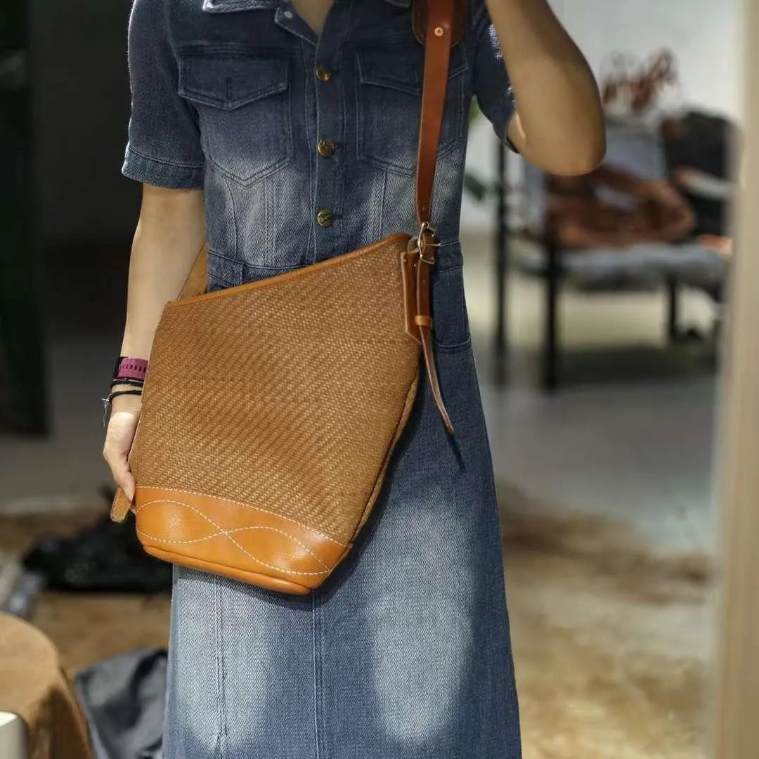 Soft and Delicate Feel Classic Plaid Crossbody Bucket Bag | Handcrafted Full Grain Leather Bag