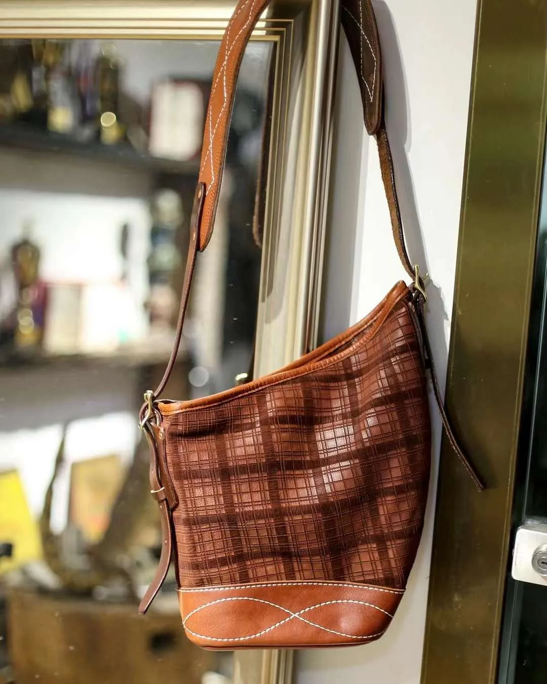 Soft and Delicate Feel Classic Plaid Crossbody Bucket Bag | Handcrafted Full Grain Leather Bag