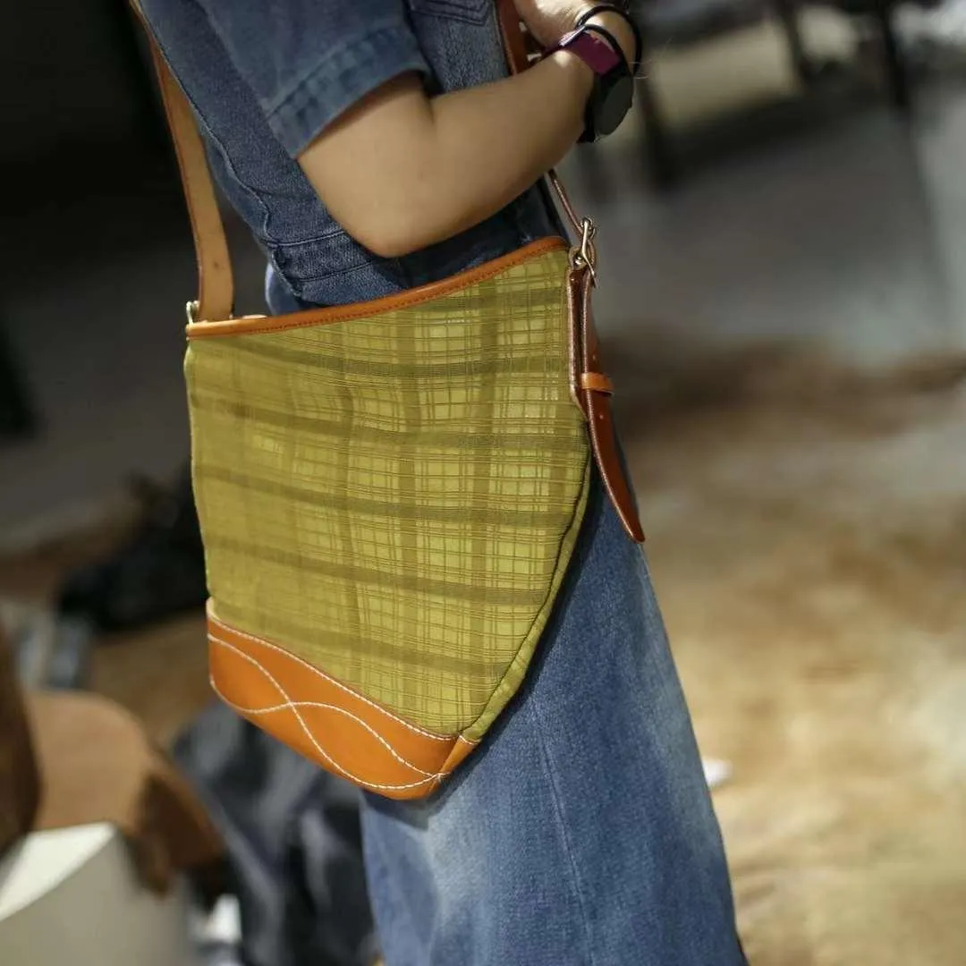 Soft and Delicate Feel Classic Plaid Crossbody Bucket Bag | Handcrafted Full Grain Leather Bag