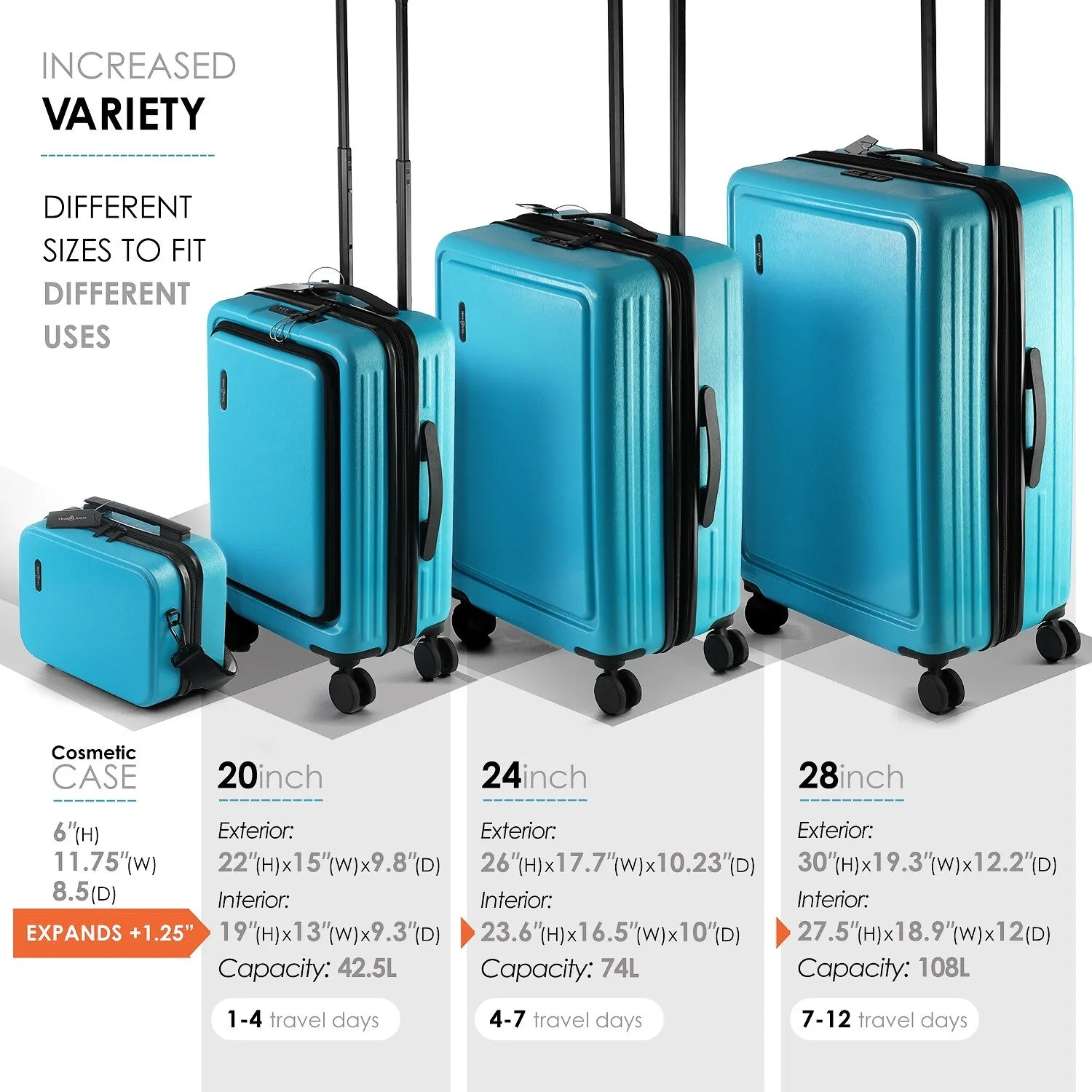 TravelArim 4 Piece Hard Shell Expandable Luggage Sets with Spinner Wheels and TSA Lock - 31 x 12.2 x 20