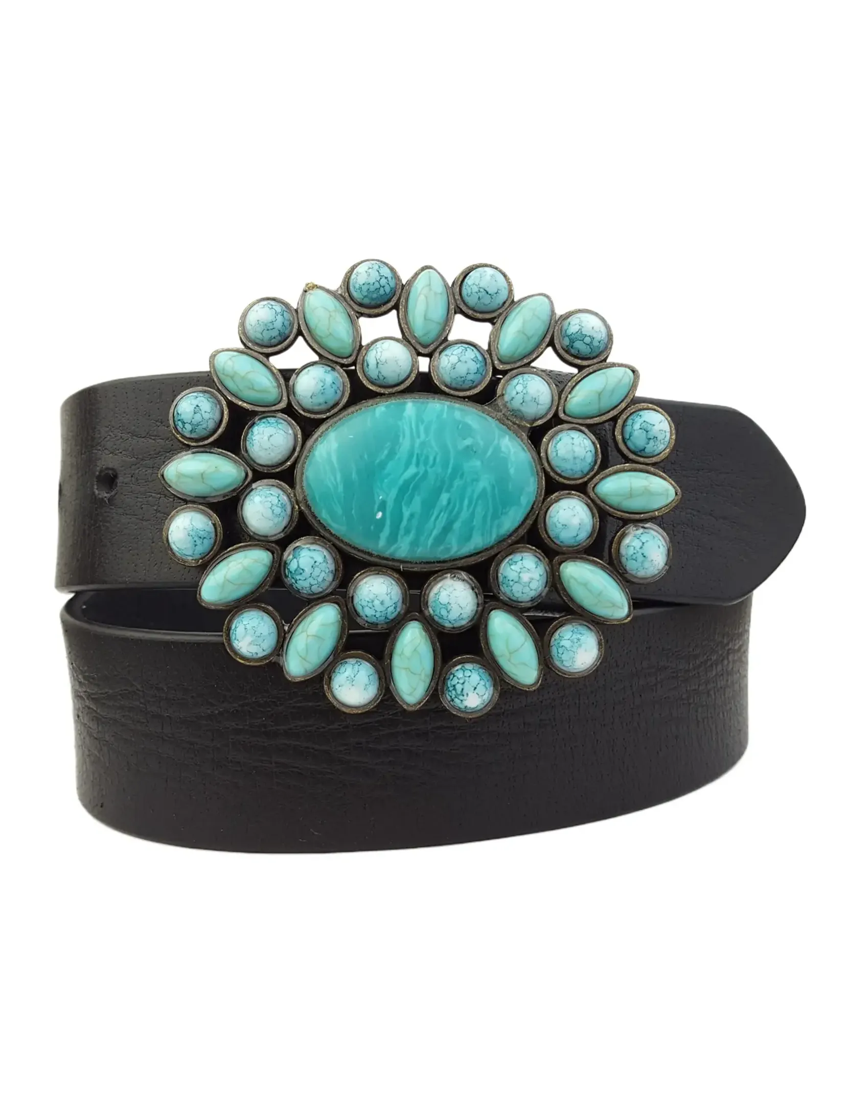 Turquoise Floral Buckle Belt, Black Leather