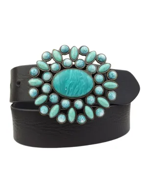 Turquoise Floral Buckle Belt, Black Leather