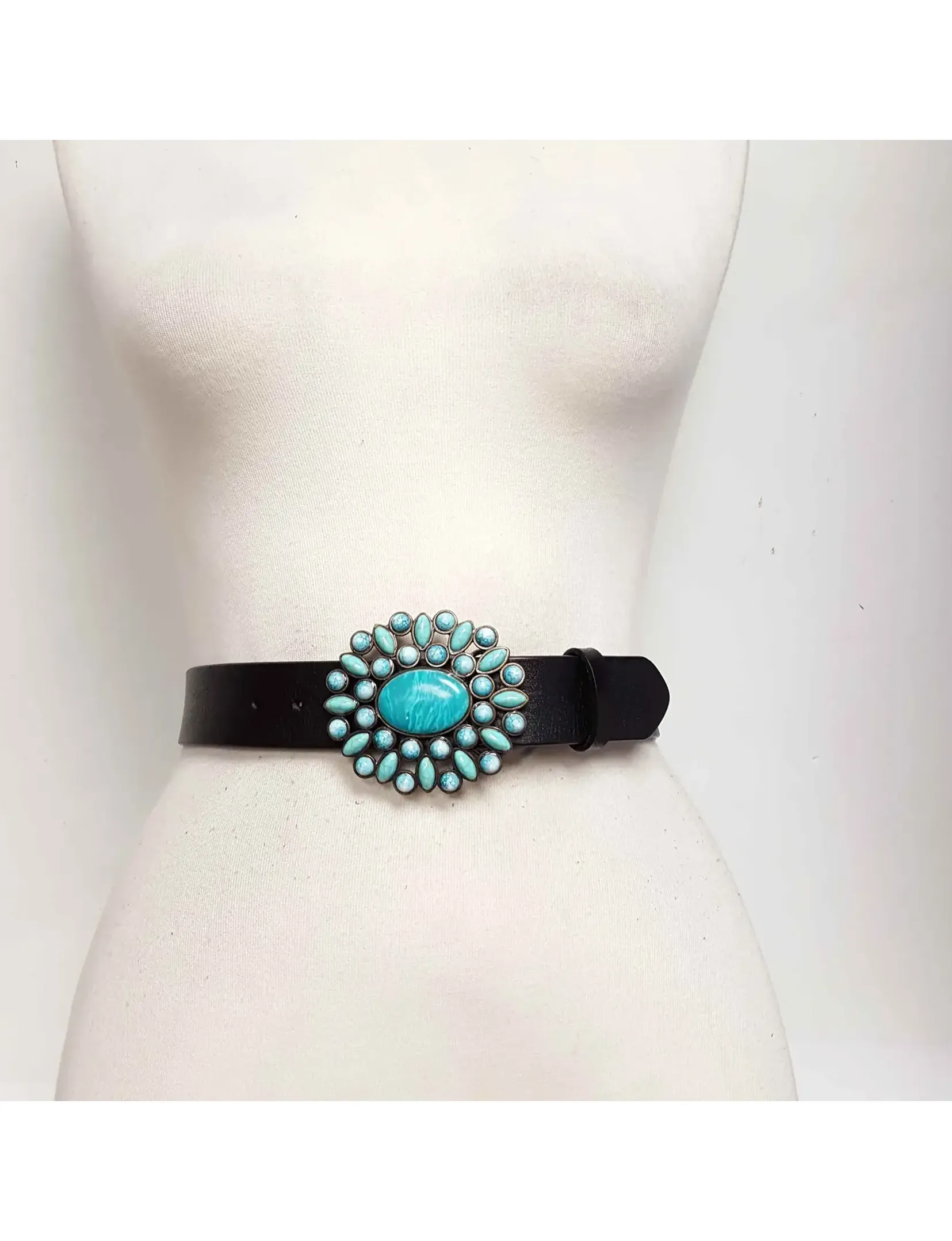 Turquoise Floral Buckle Belt, Black Leather