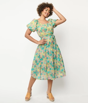 Yellow & Green Floral Tiered Midi Dress